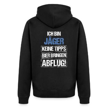 Ich bin Jäger - Bier bringen und Abflug - Unisex Premium Bio Zip Hoodie - Schwarz - Hinten - Nico (187cm)