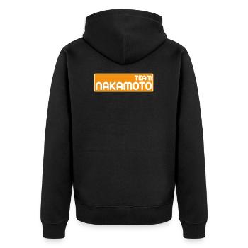 Team Satoshi Nakamoto - Unisex Premium Bio Zip Hoodie - Schwarz - Hinten - Nico (187cm)