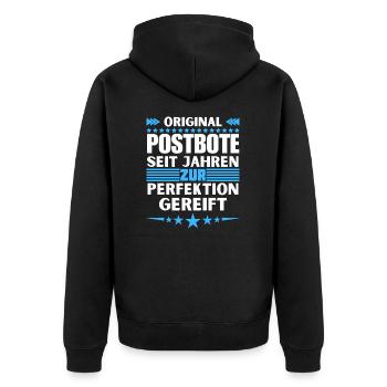 Zur Perfektion gereifter Postbote - Unisex Premium Bio Zip Hoodie - Schwarz - Hinten - Nico (187cm)