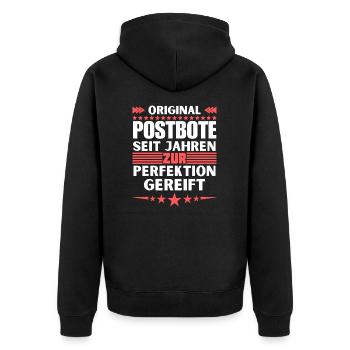 Zur Perfektion gereifter Postbote - Unisex Premium Bio Zip Hoodie - Schwarz - Hinten - Nico (187cm)