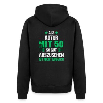 Good-looking author at 50 - Unisex Premium Organic Zip Hoodie - black - Back - Nico (187cm)