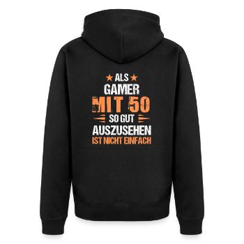 With 50 good-looking gamers - Unisex Premium Organic Zip Hoodie - black - Back - Nico (187cm)