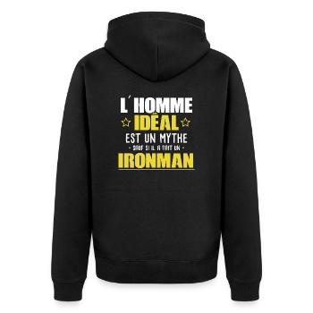 Homme - Iron Man -Triathlon - Cadeau - Mythe - Veste à capuche bio Premium Unisexe - noir - Dos - Nico (187cm)