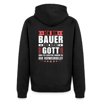 Ich bin Bauer und nicht Gott - Unisex Premium Bio Zip Hoodie - Schwarz - Hinten - Nico (187cm)