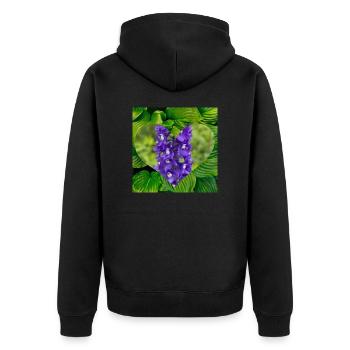 Cœur d’orchidée violette sur feuilles vertes - Veste à capuche bio Premium Unisexe - noir - Dos - Nico (187cm)