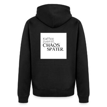 Kaffee zuerst, Chaos später - Unisex Premium Bio Zip Hoodie - Schwarz - Hinten - Nico (187cm)