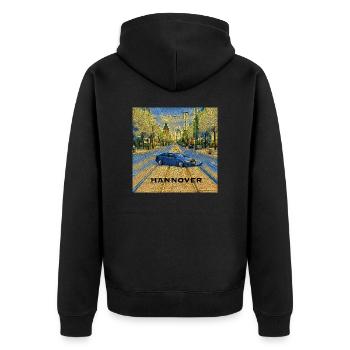HANNOVER - Auto auf Schiene in „blau/gelb“ - Unisex Premium Bio Zip Hoodie - Schwarz - Hinten - Nico (187cm)