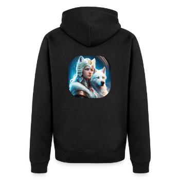 futuristisches Design: Wikingerprinzessin mit Hund - Unisex Premium Bio Zip Hoodie - Schwarz - Hinten - Nico (187cm)