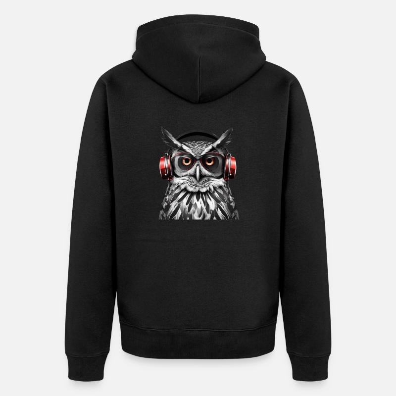 Coole Eule mit Kopfhörer - Unisex Premium Bio Zip Hoodie - Schwarz