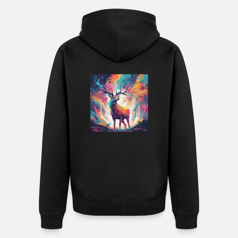 Buntes Hirschportrait - Unisex Premium Bio Zip Hoodie - Schwarz