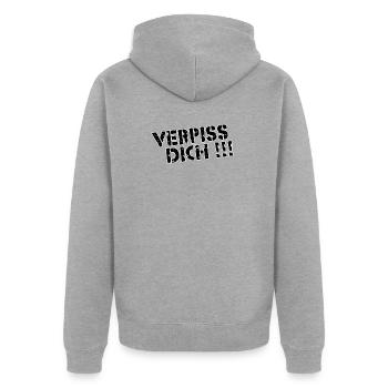 Verpiss dich - Unisex Premium Bio Zip Hoodie - Grau meliert - Hinten - Nico (187cm)