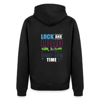 Lock and load laser tag — time for laser tag - Unisex Premium Organic Zip Hoodie - black - Back - Nico (187cm)