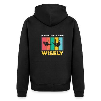 Lustiges Verschwenden Sie Ihre Zeit mit Bedacht, - Unisex Premium Bio Zip Hoodie - Schwarz - Hinten - Nico (187cm)