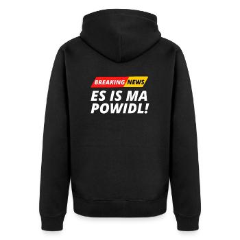 Es is ma powidl! Dialektspruch "Es ist mir egal!" - Unisex Premium Bio Zip Hoodie - Schwarz - Hinten - Nico (187cm)