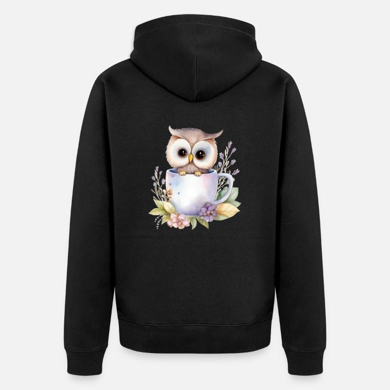 Hibou mignon avec des fleurs dans une tasse - Veste à capuche bio Premium Unisexe - noir