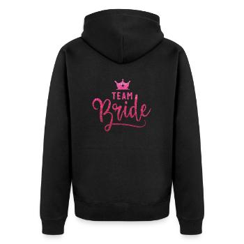 JGA-Style: "Team Bride" in glitzerndem Pink! - Unisex Premium Bio Zip Hoodie - Schwarz - Hinten - Nico (187cm)