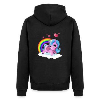 Einhornbaby Tracy auf Wolke mit Regenbogen, Fohlen - Unisex Premium Bio Zip Hoodie - Schwarz - Hinten - Nico (187cm)