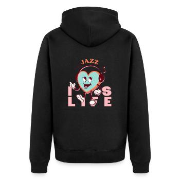 Jazz is Life Zitat Cartoon Herz Retro Kopfhörer - Unisex Premium Bio Zip Hoodie - Schwarz - Hinten - Nico (187cm)