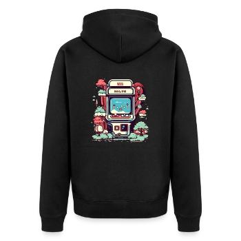 Vintage-Arcade-Automat - Unisex Premium Bio Zip Hoodie - Schwarz - Hinten - Nico (187cm)