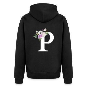 Lila Blumenbuchstabe p - Unisex Premium Bio Zip Hoodie - Schwarz - Hinten - Nico (187cm)