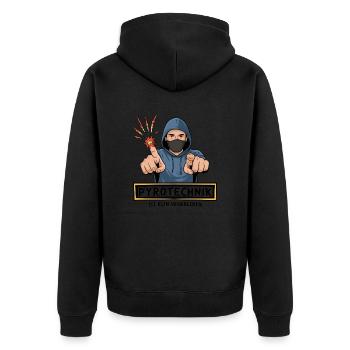 Pyrotechnik ist kein Verbrechen Fußball - Unisex Premium Bio Zip Hoodie - Schwarz - Hinten - Nico (187cm)