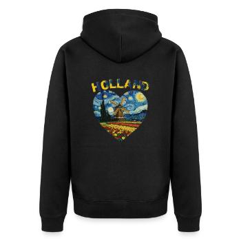 Holland Kunst Windmühle und Tulpen VG Text - Unisex Premium Bio Zip Hoodie - Schwarz - Hinten - Nico (187cm)