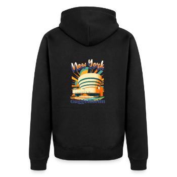Urban Retro Dreams – GUGGENHEIM MUSEUM - New York - Unisex Premium Bio Zip Hoodie - Schwarz - Hinten - Nico (187cm)