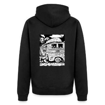 Lion en noir et blanc autour d'une caravane - Veste à capuche bio Premium Unisexe - noir - Dos - Nico (187cm)