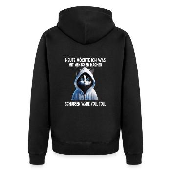 Heute möchte ich was mit Menschen machen Schubsen - Unisex Premium Bio Zip Hoodie - Schwarz - Hinten - Nico (187cm)