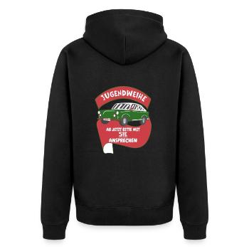 Jugendweihe 2024 Spruch DDR Ostalgie Trabbi - Unisex Premium Bio Zip Hoodie - Schwarz - Hinten - Nico (187cm)
