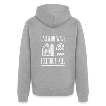 Catch the Wave| Surfer und Strandliebhaber - Unisex Premium Bio Zip Hoodie - Grau meliert - Hinten - Nico (187cm)