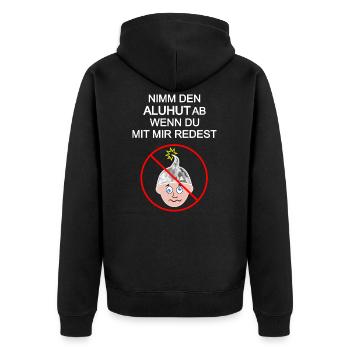 Aluhut, Verschwörung, Verschwörungstheoretiker - Unisex Premium Bio Zip Hoodie - Schwarz - Hinten - Nico (187cm)