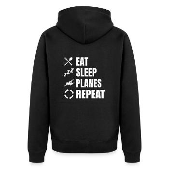 Essen Schlafen Flugzeuge Wiederholen - Unisex Premium Bio Zip Hoodie - Schwarz - Hinten - Nico (187cm)
