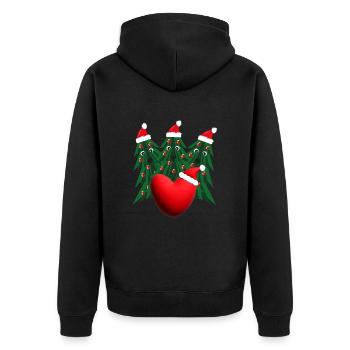 Herz mit Weihnachtsbäumen und Weihnachtsmützen. - Unisex Premium Bio Zip Hoodie - Schwarz - Hinten - Nico (187cm)