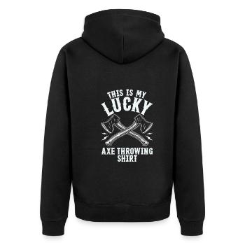 Lucky Axtwerfen Shirt Lustiges Beil - Unisex Premium Bio Zip Hoodie - Schwarz - Hinten - Nico (187cm)