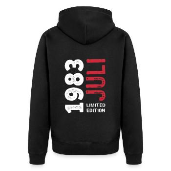 Limited Edition Juli 1983 - Geburtstag - Geschenk - Unisex Premium Bio Zip Hoodie - Schwarz - Hinten - Nico (187cm)