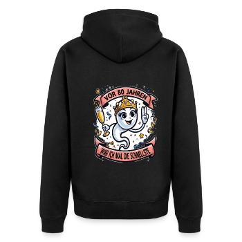 Vor 80 Jahren War Ich die Schnellste Frau - Unisex Premium Bio Zip Hoodie - Schwarz - Hinten - Nico (187cm)