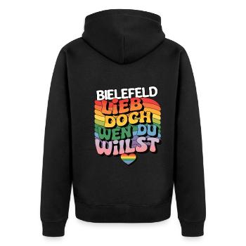 Bielefeld: Lieb Doch Wen Du Willst - LGBTQ - Unisex Premium Bio Zip Hoodie - Schwarz - Hinten - Nico (187cm)