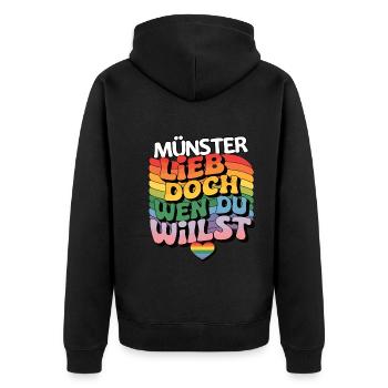 Münster: Lieb Doch Wen Du Willst - LGBTQ - Unisex Premium Bio Zip Hoodie - Schwarz - Hinten - Nico (187cm)