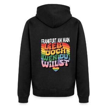 Frankfurt am Main: Lieb Doch Wen Du Willst - LGBTQ - Unisex Premium Bio Zip Hoodie - Schwarz - Hinten - Nico (187cm)