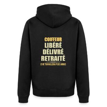 Coiffeur célèbre sa retraite avec humour cadeau - Veste à capuche bio Premium Unisexe - noir - Dos - Nico (187cm)