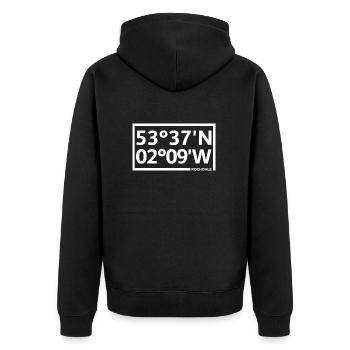 Rochdale Koordinaten - Unisex Premium Bio Zip Hoodie - Schwarz - Hinten - Nico (187cm)