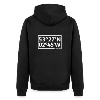 St Helens Koordinaten - Unisex Premium Bio Zip Hoodie - Schwarz - Hinten - Nico (187cm)