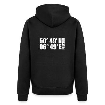 Frechen Koordinaten - Unisex Premium Bio Zip Hoodie - Schwarz - Hinten - Nico (187cm)