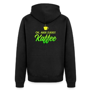 OK - aber zuerst Kaffee für Kaffeeliebhaber - Unisex Premium Bio Zip Hoodie - Schwarz - Hinten - Nico (187cm)