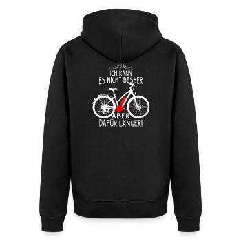 ICH KANN ES NICHT BESSER ABER DAFÜR LÄNGER Ebike - Unisex Premium Bio Zip Hoodie - Schwarz - Hinten - Nico (187cm)