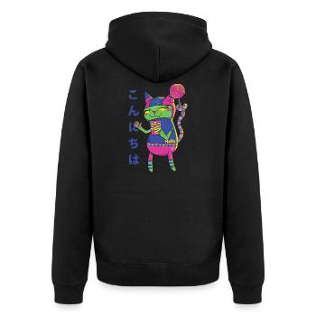 süße verrückte Katze mit Loli abstrakt bunt - Unisex Premium Bio Zip Hoodie - Schwarz - Hinten - Nico (187cm)