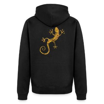 Gecko goldbraun gelb - Unisex Premium Bio Zip Hoodie - Schwarz - Hinten - Nico (187cm)