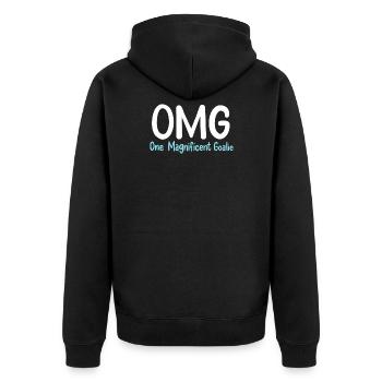 Water Polo: OMG One Magnificent Goalie - Unisex Premium Bio Zip Hoodie - Schwarz - Hinten - Nico (187cm)