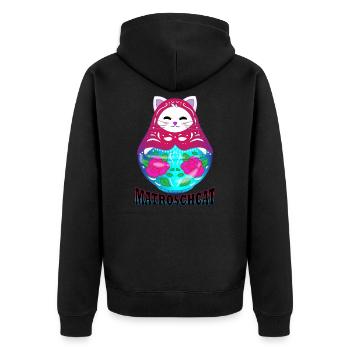 Matroschcat | Miauschka | Katze und Matroschka - Unisex Premium Bio Zip Hoodie - Schwarz - Hinten - Nico (187cm)